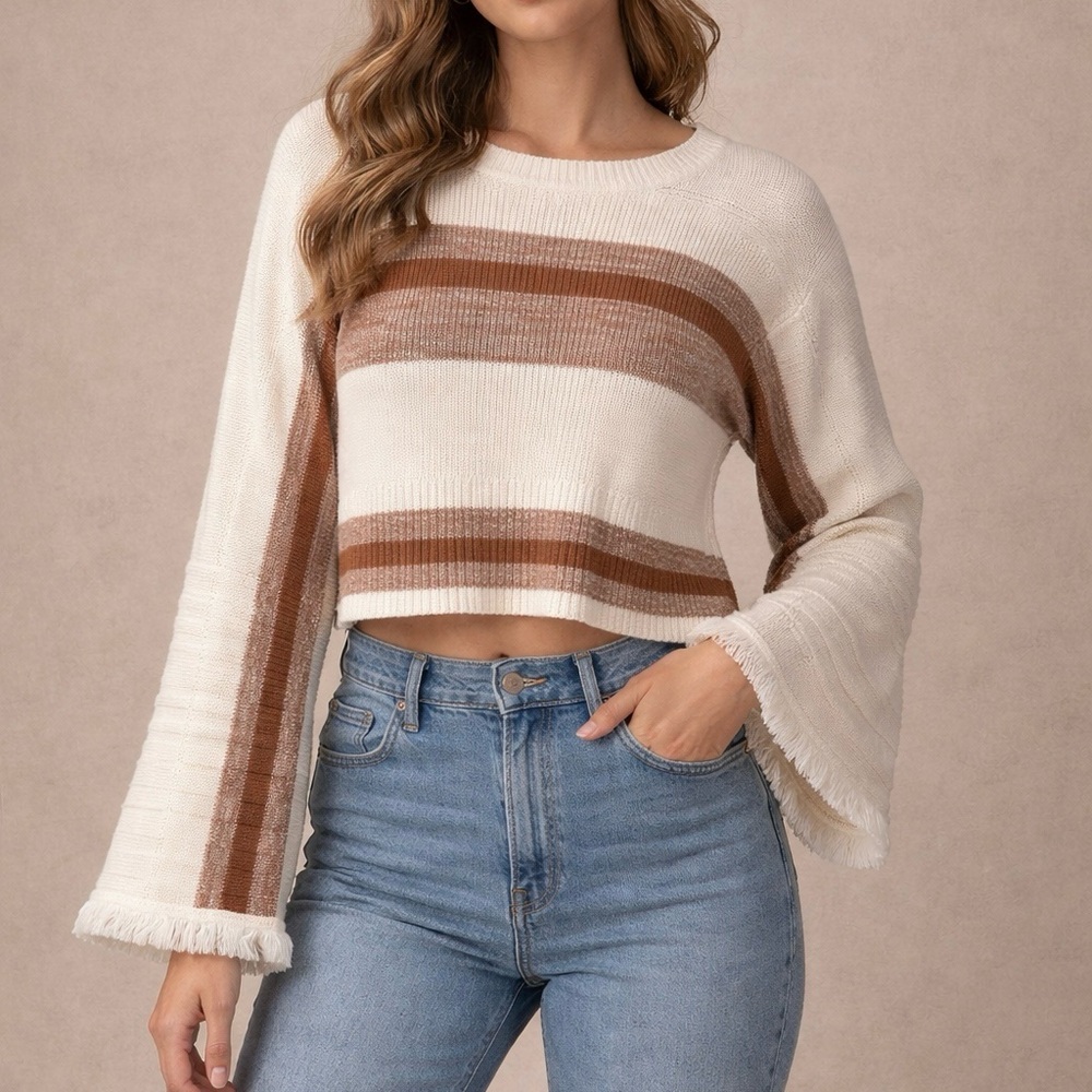 MINKPINK striped cropped sweater with bell sleeves. Size Medium Cream & Brown